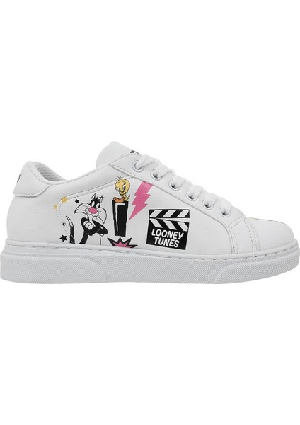 Unisex Çocuk Vegan Deri Beyaz Sneakers - Warner Bros Best of Tweety and Sylvester Tasarım