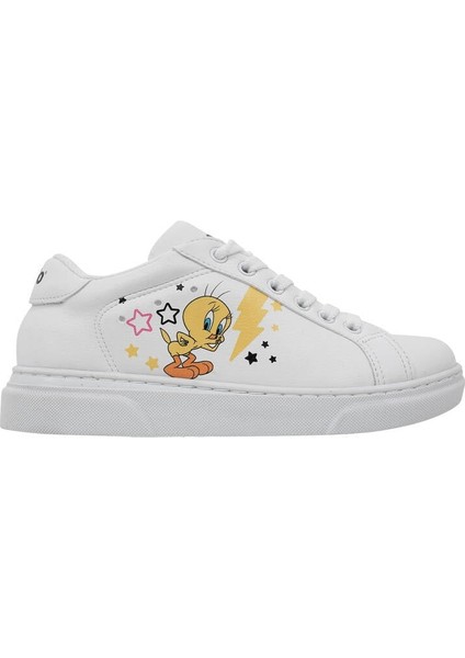 Unisex Çocuk Vegan Deri Beyaz Sneakers - Warner Bros Best of Tweety and Sylvester Tasarım
