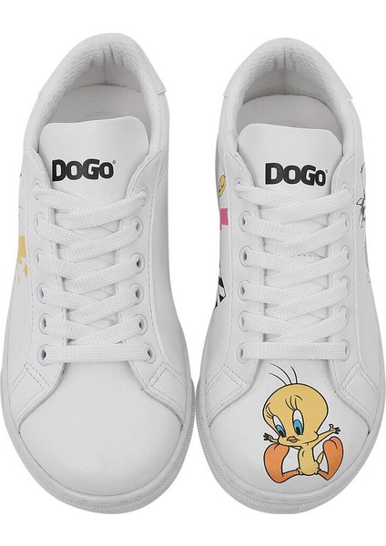 Unisex Çocuk Vegan Deri Beyaz Sneakers - Warner Bros Best of Tweety and Sylvester Tasarım