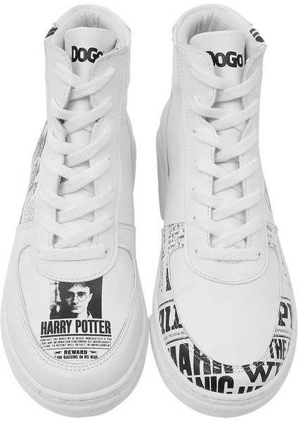 Kadın Vegan Deri Beyaz High Sneakers - Warner Bros Daily Prophet Harry Potter Tasarım