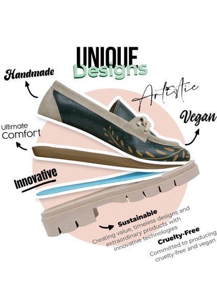 Kadın Vegan Deri Yeşil Loafer - I Do What I Want Tasarım