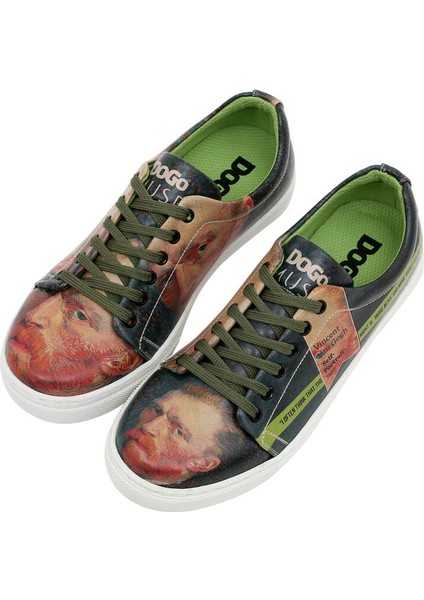 Kadın Vegan Deri Yeşil Sneakers - Vincent van Gogh Self Portrait Muse Tasarım