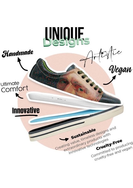 Kadın Vegan Deri Yeşil Sneakers - Vincent van Gogh Self Portrait Muse Tasarım