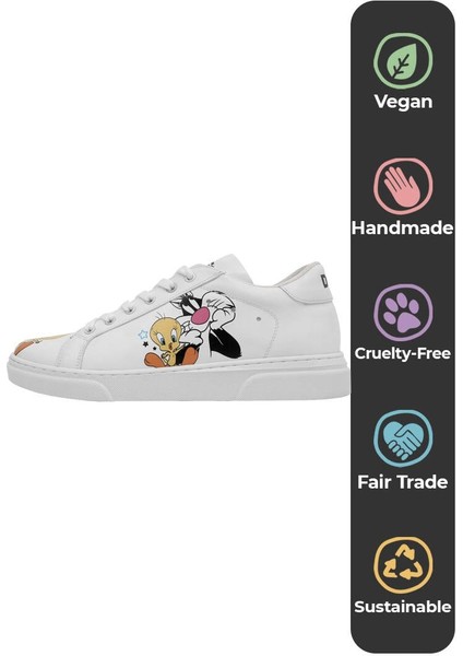 Kadın Vegan Deri Beyaz Sneakers - Best of Tweety and Sylvester Tasarım