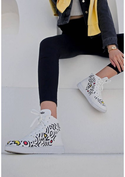 Kadın Vegan Deri Beyaz High Sneakers - Abstract Outline White Tasarım