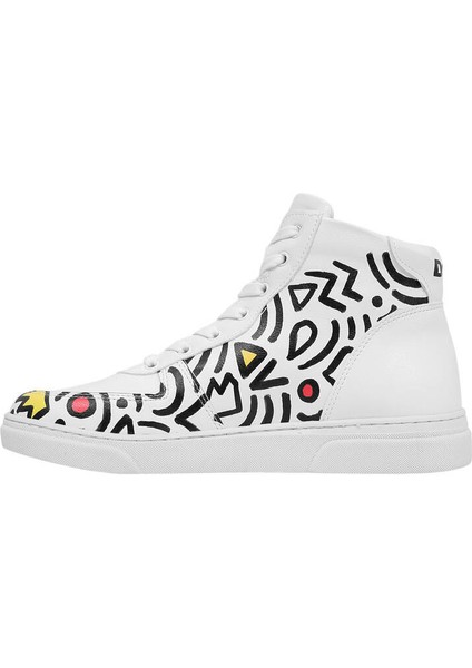 Kadın Vegan Deri Beyaz High Sneakers - Abstract Outline White Tasarım