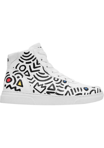 Kadın Vegan Deri Beyaz High Sneakers - Abstract Outline White Tasarım