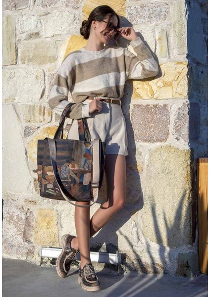 Kadın Vegan Çok Renkli Large Tote Bag - Family Time Tasarım modelleri