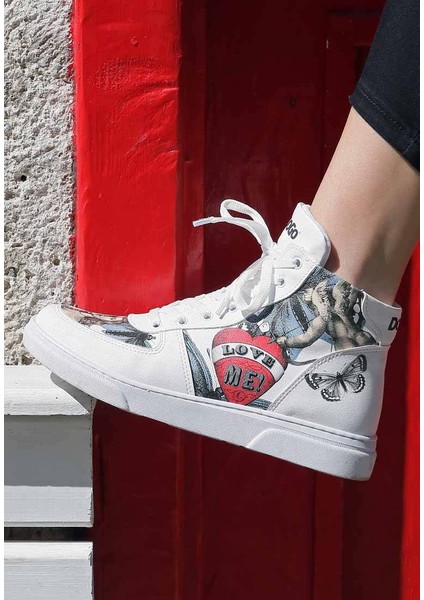 Kadın Vegan Deri Beyaz High Sneakers - Love Me Tasarım