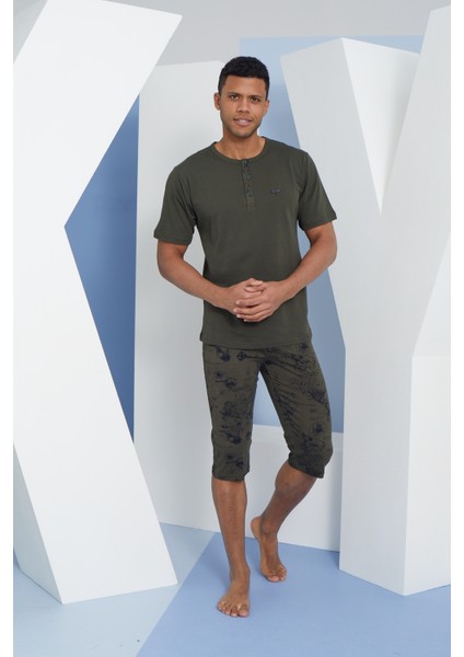 Erkek Battal Reçme Yaka Kısakol Büyük Beden Kapri Boy Pijama Takımı