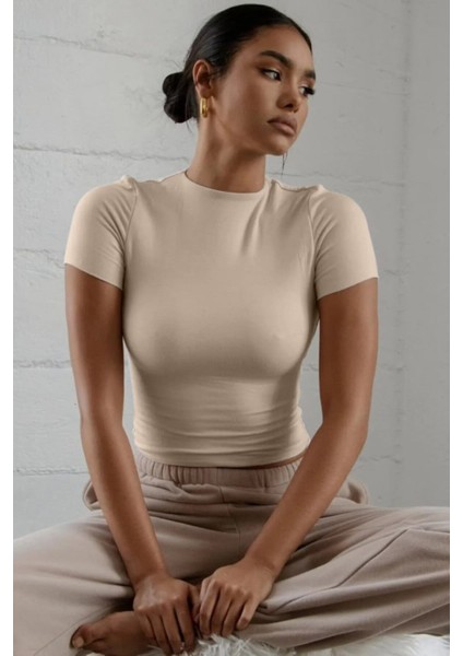 Krem Fitted/vücuda Oturan Crop T-Shirt