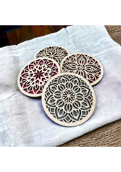 Standlı Ahşap Bardak Altlığı 4 Adet 10 cm Mandala Desen