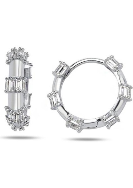 Pırlanta Işıltılı Baget Halka Kadın Gümüş Küpe 18 mm