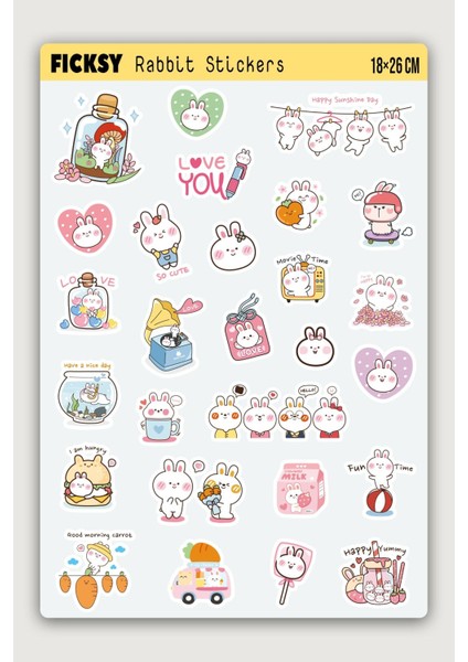 Kawaii Stili Sevimli Tavşan Sticker Seti - 27 Adet Etiket Çıkartma