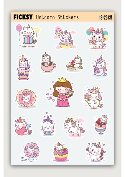 Sevimli Kawaii Unicorn At ve Kedi Doğum Günü Temalı Sticker Seti - 17 Adet Etiket Çıkartma