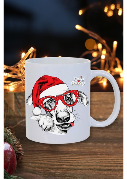 Yılbaşı Noel Temalı Dog Party Kırmızı Şapkalı Köpek Baskılı Yeni Yıl Hediye Kupa Bardak-Çay-Kahve