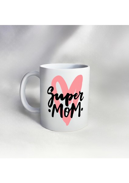 Kalp Desenli Super Mom Baskılı Kupa Bardak Porselen Kahve Mug