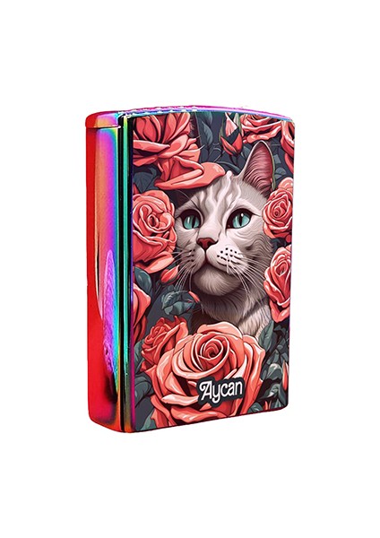 Kedi Baskılı Yandan Kaydırmalı Kişiye Özel Isimli Lüks Gazlı Pembe Çakmak