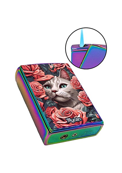 Kedi Baskılı Yandan Kaydırmalı Kişiye Özel Isimli Lüks Gazlı Pembe Çakmak