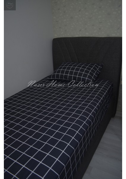 Nasır Home Antrasit ve Beyaz Kareli Tek Kişilik Lastikli Çarşaf (120X200X25)+1 Adet Yastık Kılıfı(Gizli Fermuar)