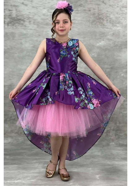 Kız Çocuk Çiçek Desenli Tül Detaylı Kuyruklu Saten Mor Elbise
