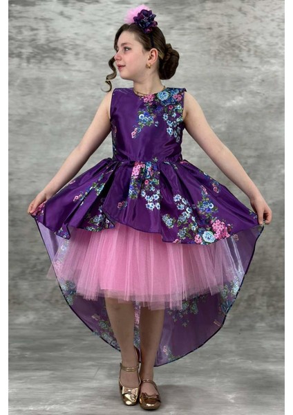 Kız Çocuk Çiçek Desenli Tül Detaylı Kuyruklu Saten Mor Elbise fiyatları