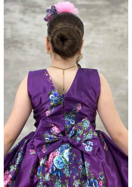 Kız Çocuk Çiçek Desenli Tül Detaylı Kuyruklu Saten Mor Elbise modelleri