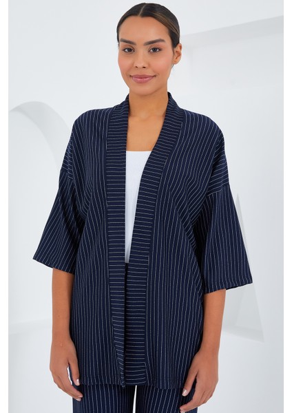 6661 Kadın Çizgili Kimono Ikili Takım - Lacivert