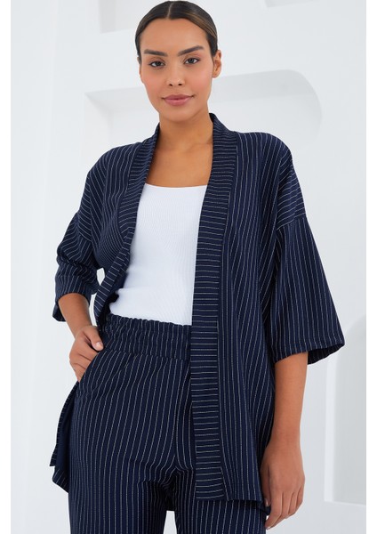 6661 Kadın Çizgili Kimono Ikili Takım - Lacivert
