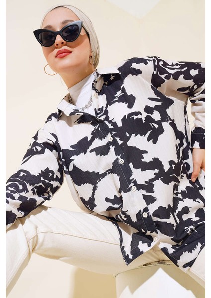 20179 Desenli Uzun Oversize Gömlek - Ekru