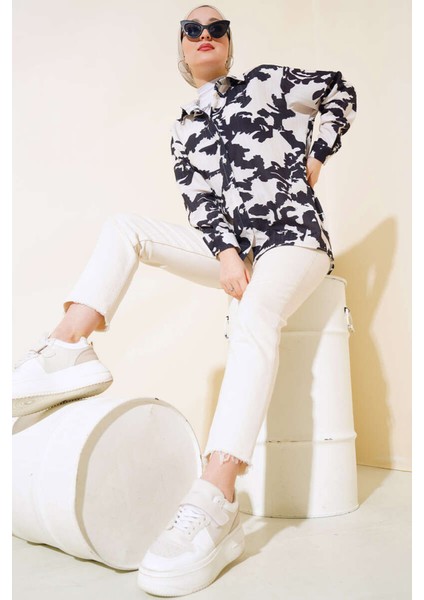 20179 Desenli Uzun Oversize Gömlek - Ekru fiyatları