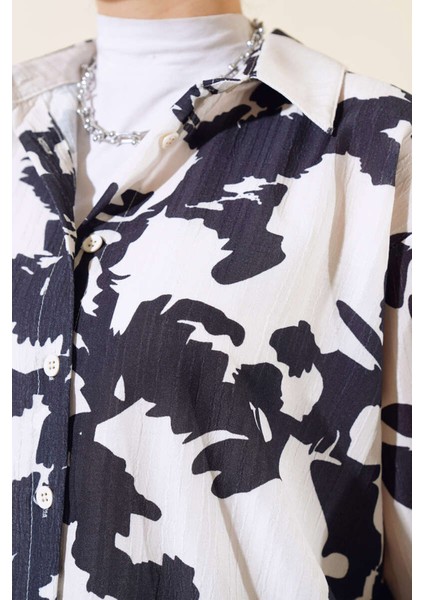 20179 Desenli Uzun Oversize Gömlek - Ekru modelleri