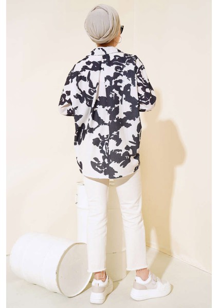 20179 Desenli Uzun Oversize Gömlek - Ekru fırsatları