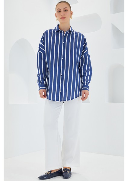 Kadın Lacivert Beyaz Çizgili Oversize Basic Gömlek 20254