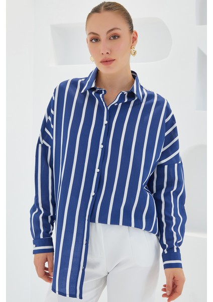 Kadın Lacivert Beyaz Çizgili Oversize Basic Gömlek 20254