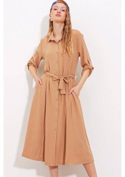 Kadın Camel Kuşaklı Gömlek Elbise 2442