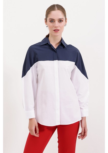 20221 Blok Renkli Oversize Gömlek - Lacivert