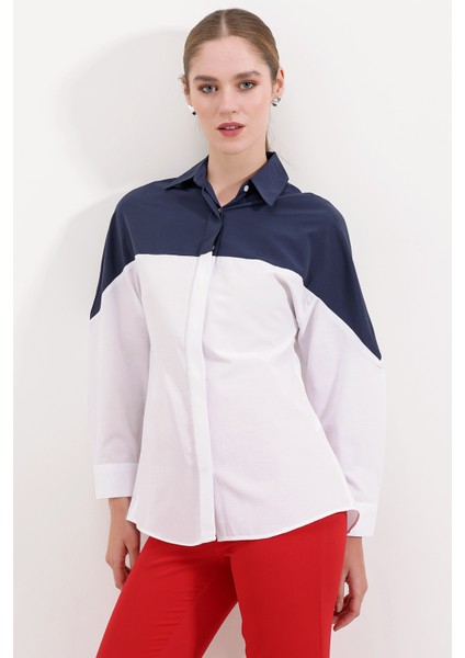 20221 Blok Renkli Oversize Gömlek - Lacivert fiyatları