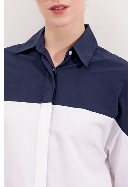 20221 Blok Renkli Oversize Gömlek - Lacivert modelleri