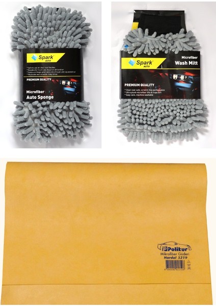 7040 Oto Yıkama Süngeri & Spark 7050 Temizlik Eldiveni & Polikur 3219 Güderi Bez (3'lü Set)