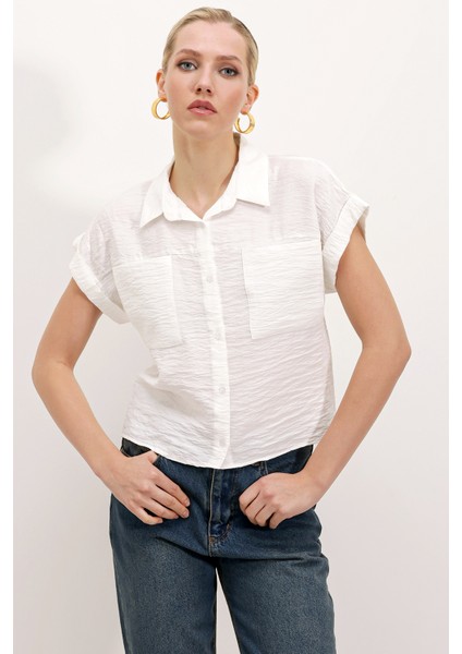 20198 Çift Cepli Kısa Kol Gömlek - Beyaz