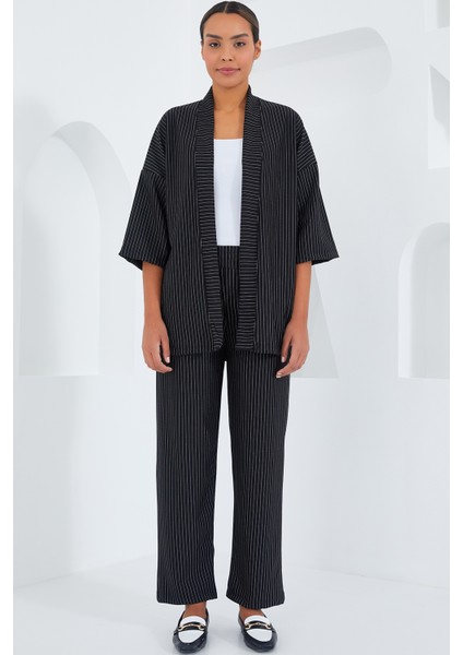 6661 Kadın Çizgili Kimono Ikili Takım - Siyah