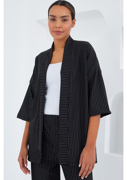 6661 Kadın Çizgili Kimono Ikili Takım - Siyah modelleri