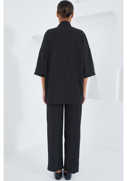 6661 Kadın Çizgili Kimono Ikili Takım - Siyah indirimleri
