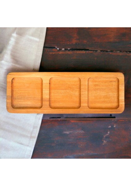 Doğal Ahşap Çerezlik ve Sunumluk Üç Gözlü 12X34 cm