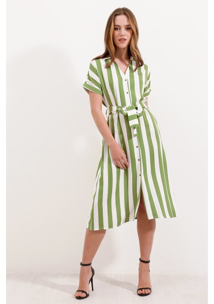 2456 Çizgili Gömlek Elbise - Yeşil fiyatları