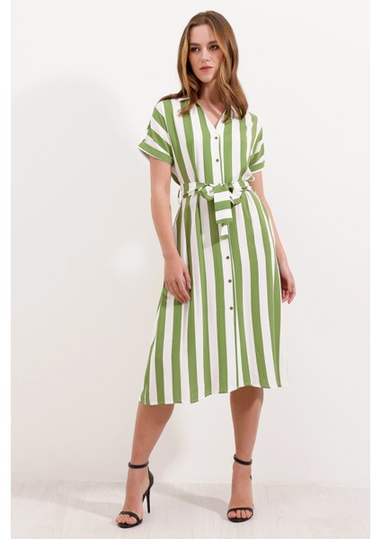 2456 Çizgili Gömlek Elbise - Yeşil modelleri