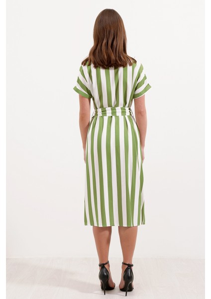 2456 Çizgili Gömlek Elbise - Yeşil indirimleri