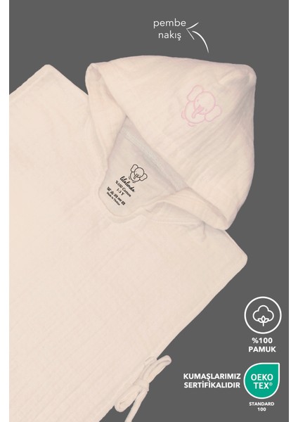 Bebek/çocuk Bornoz 4 Kat Müslin Panço Pembe Nakışlı %100 Pamuk - Krem modelleri