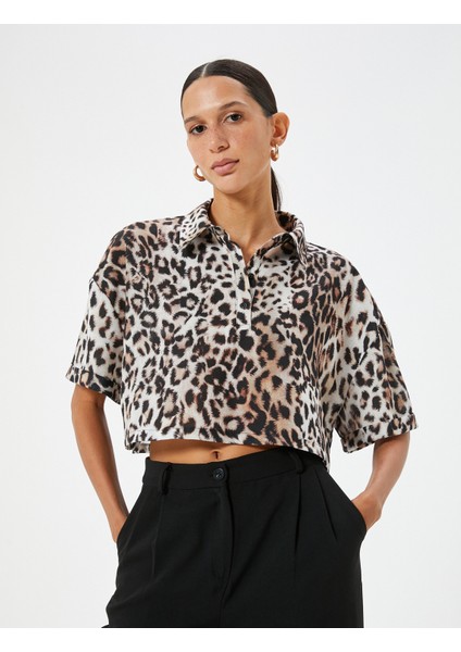 Oversize Leopar Desenli Crop Gömlek Kısa Kollu
